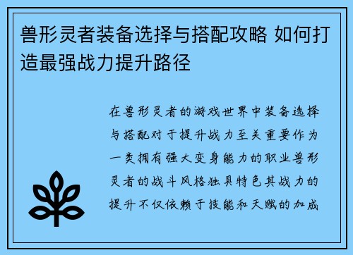 兽形灵者装备选择与搭配攻略 如何打造最强战力提升路径